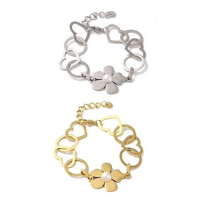 Fleur et coeur 304 bracelets à maillons en acier inoxydable pour femmes, avec des perles de perles abs