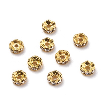 Brass Rhinestone Spacer Beads, Grade A, Wavy Edge, Golden Metal Color, Rondelle