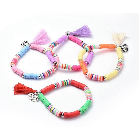 Cotton Thread Tassel Charm Bracelets, Stretch Bracelets, with Polymer Clay Heishi Beads Beads,  Flat Round Brass Bead Spacers and Tibetan Style Alloy Lotus Pendants