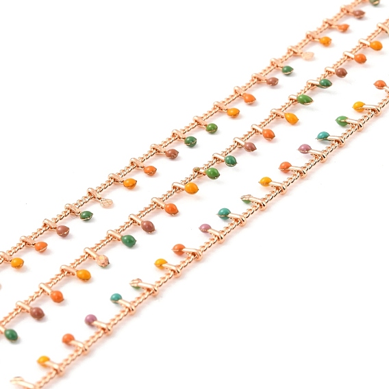 Handmade Brass Curb Chains, with Enamel Charms, Long-Lasting Plated, Drop, Unwelded, with Spool, Golden