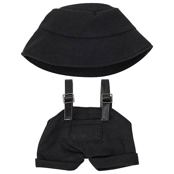 1Хлопковые брюки на подтяжках из искусственной кожи и 1Тканевая панамка для кукол (аксессуары)