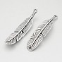 Tibetan Style Alloy Feather Pendants, Cadmium Free & Lead Free, 45x10x4mm, Hole: 2mm, about 161pcs/500g