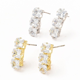 Brass Micro Pave Clear Cubic Zirconia Stud Earring Findings, with Loop, Rectangle