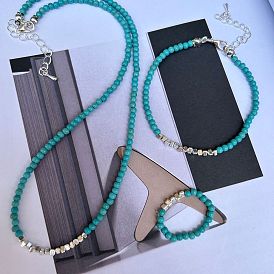 Natural Turquoise & Non-Magnetic Synthetic Hematite Beads Jewelry Set, Bracelets & Necklaces & Rings Set for Women