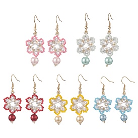 Glass Seed & Shell Pearl & Acrylic Braided Flower Dangle Earrings, Golden 304 Stainless Steel Long Drop Earrings for Women