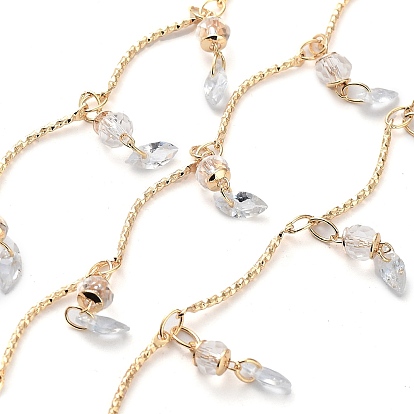 Handmade Brass Curved Bar Link Chains, with Clear Glass Horse Eye Charms, with Spool, Soldered
