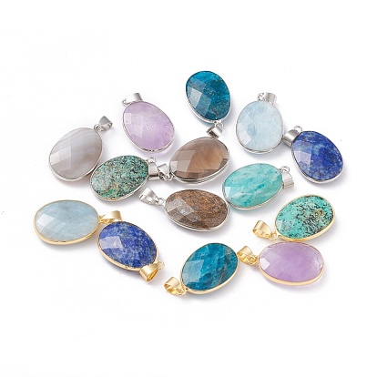 Natural Gemstone Pendants, with Brass Edge & Bails, Oval, Faceted