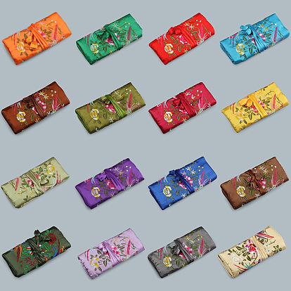 Retro Rectangle Silk Zipper Roll Pouches, Embroidery Flower Jewelry Storage Bags with Drawstring Rope