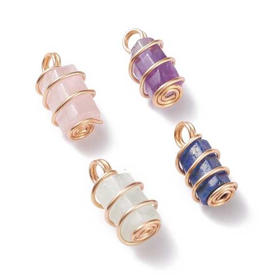 Natural Gemstone Pendants, with Light Gold Plated Copper Wire Wrapped, Column