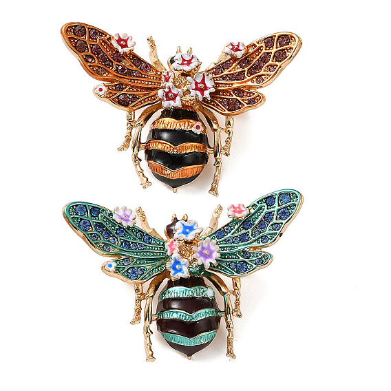 Bee with Flower Enamel Pins, Alloy Rhinestone Lapel Pins for Clothes, Golden