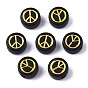 Opaque Acrylic Beads, Flat Round with Peace Sign, Golden Plated
