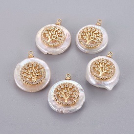 Natural Cultured Freshwater Pearl Pendants, with Brass Micro Pave Cubic Zirconia Cabochons, Nuggets with Flat Round with Tree of Life, Clear