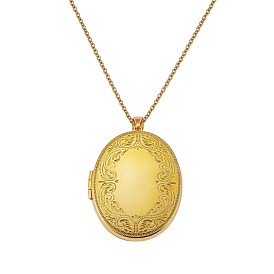 Oval with Leaf Picture Locket Pendant Necklace, Brass Memorial Jewelry for Women