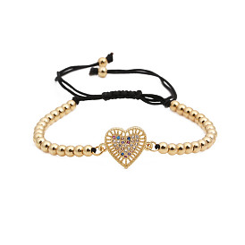 Colorful Zircon Heart Adjustable Bracelet with 4mm Copper Beads Weave, Unisex.