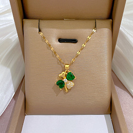 Luxury Green Gemstone Four-leaf Flower Necklace with Copper Gold-plated Pendant - Delicate Design