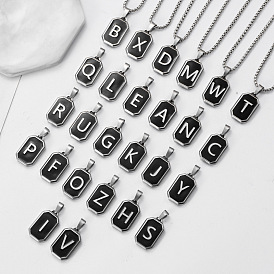 304 Прямоугольное ожерелье из нержавеющей стали с черной эмалью и подвеской в виде коробки с инициалом., цвет нержавеющей стали