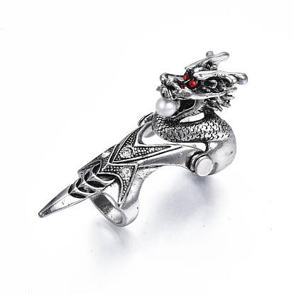 Dragon Armour Alloy Full Finger Ring with Rhinestone, Double Loop Gothic Punk Ring with Plastic Pearl for Men Women, Cadmium Free & Lead Free, Antique Silver