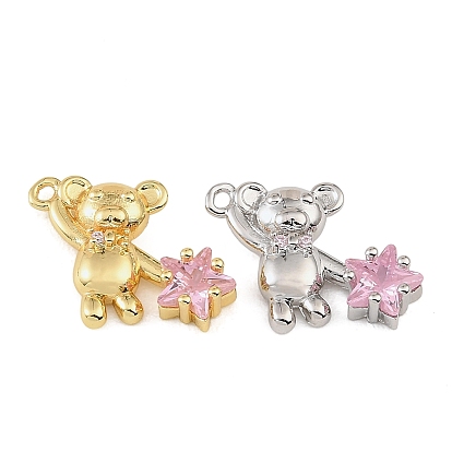 Brass Micro Pave Pink Cubic Zirconia Pendants, Bear & Star Charms, Rack Plating, Long-Lasting Plated, Cadmium Free & Lead Free