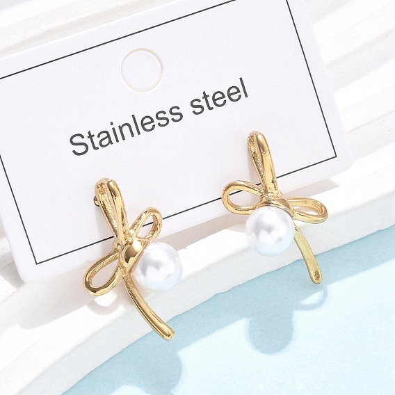 Bowknot 304 из нержавеющей стали серьги стержня, с абс пластмассовой имитационной жемчужиной, ионное покрытие (ip)