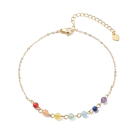 Chakra Theme Natural Mixed Gemstone Link Anklets, with Brass Cable Chains