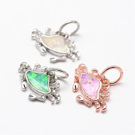 Brass Micro Pave Cubic Zirconia Charms, with Synthetic Opal, Crab