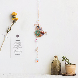 Gemstone Wire Wrapped Gemstone Chip Bird Hanging Suncatchers, with Iron Findings and Glass Charm for Home Wall Decorations