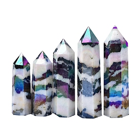 Point Tower Electroplate Natural Zebra Jasper Hexagon Prism Healing Stone Wands, for Reiki Chakra Meditation Therapy Decors