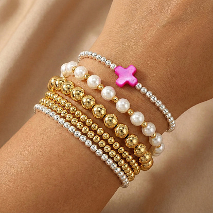 Латунные круглые бусины эластичные браслеты, крестик из натуральных ракушек для женщин, платина