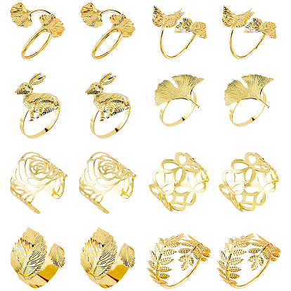 16Pcs 8 Styles Alloy Napkin Rings, Napkin Holder Adornment, for Place Settings, Golden