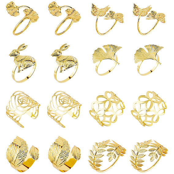 16Pcs 8 Styles Alloy Napkin Rings, Napkin Holder Adornment, for Place Settings, Golden