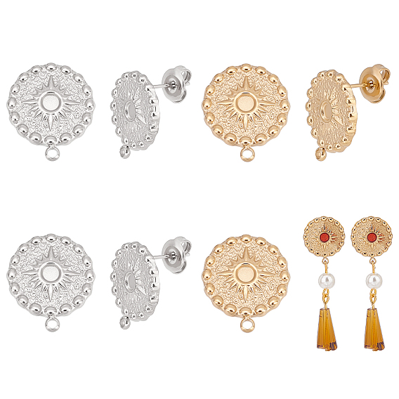 4 пары 2 цвета 304 фурнитура для сережек-гвоздиков из нержавеющей стали, серьга закрепка под эмаль, с горизонтальными петлями и ушными гайками, плоские круглые с солнцем