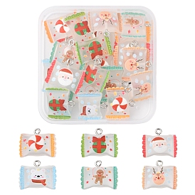 24Pcs 6 Colors Christmas Theme Transparent Resin Imitation Food Pendants, with Platinum Tone Iron Loops, Candy Bag Charm with Mixed Patterns