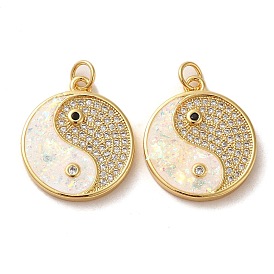 Brass Micro Pave Cubic Zirconia with Synthetic Opal Pendants, with Jump Ring, Flat Round with Yin-yang