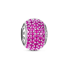 TINYSAND Rondelle 925 Sterling Silver Pave Setting Pink Cubic Zirconia European Beads, Large Hole Beads, Platinum, 12.42x9.35x12.68mm, Hole: 4.46mm