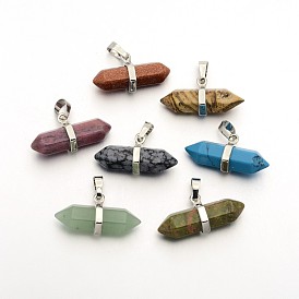 Gemstone Double Terminated Pointed Pendants, with Platinum Plated Brass Findings, Bullet