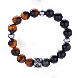 304 Эластичные браслеты для мужчин из нержавеющей стали, натурального тигрового глаза и обсидиана с круглыми бусинами, круглые
