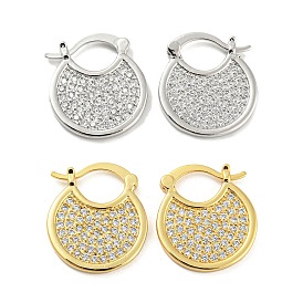 Brass Micro Pave Clear Cubic Zirconia Thick Hoop Earrings, Flat Round, Long-Lasting Plated, Cadmium Free & Lead Free