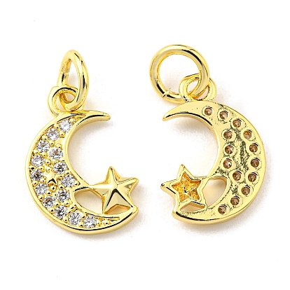 Rack Plating Brass Micro Pave Clear Cubic Zirconia Charms, with Jump Ring, Moon with Star Charm