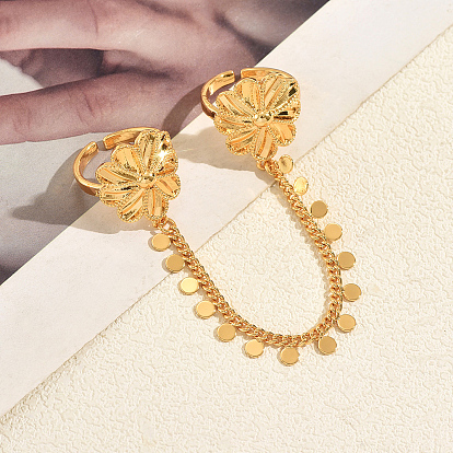 Elegante, blumenförmige Messing-Doppelringe, offene Manschettenringe, flache runde Quastenkette verstellbare Ringe