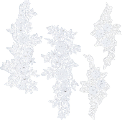 4Pcs 2 Styles Flower Polyester Embroidery Sew on Ornament Accessories, Sewing Craft Decoration, with Plastic Imitation Pearls