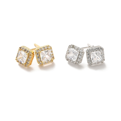 Clear Cubic Zirconia Square Stud Earrings, Long-Lasting Plated Brass Jewelry for Women, Cadmium Free & Lead Free