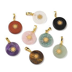Природных драгоценных камней подвески, плоские круглые подвески золотистого оттенка 304 солнечные ломтики из нержавеющей стали и латунные застежки-кнопки