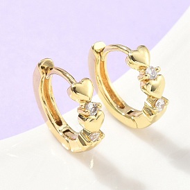 Серьги-кольца из латуни с микропаве и прозрачным кубическим цирконием в форме сердца, стойки покрытие, долговечный, без кадмия и без свинца