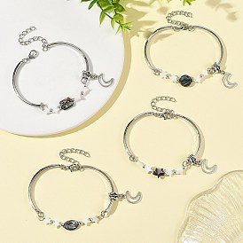 Natural Paua Shell & Star Freshwater Shell Link Bracelets, Alloy Moon Charm Bracelets for Women, Platinum