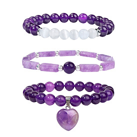 Natural Amethyst Crystal Bracelet with Heart Pendant - Women's Gemstone Beaded Wristband Set