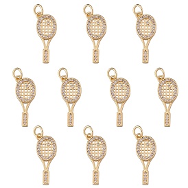 10Pcs Brass Micro Pave Cubic Zirconia Pendants, with Jump Rings, Golden, Badminton Racket
