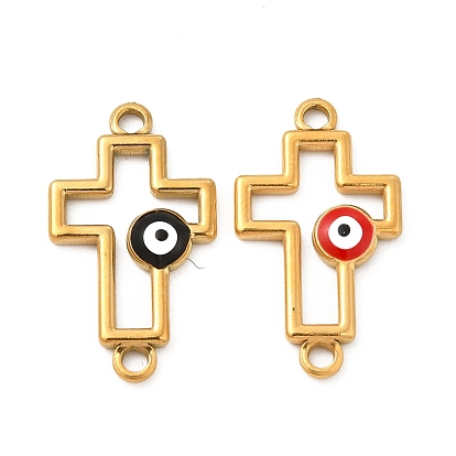 201 Stainless Steel Enamel Connector Charms, Real 24K Gold Plated, Religion Cross Links with Evil Eye