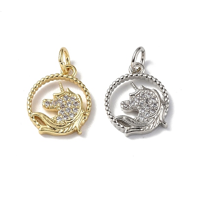 Brass Micro Pave Cubic Zirconia Charms, with Jump Rings, Round Ring & Unicorn Charms