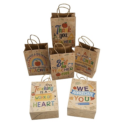 Подарочные сумки из крафт-бумаги с принтом ко Дню учителя, сумки для покупок с ручками из бумажной веревки, прямоугольные, разноцветные