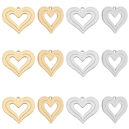 12Pcs 2 Colors Ion Plating(IP) 201 Stainless Steel Pendants, Cut, Heart